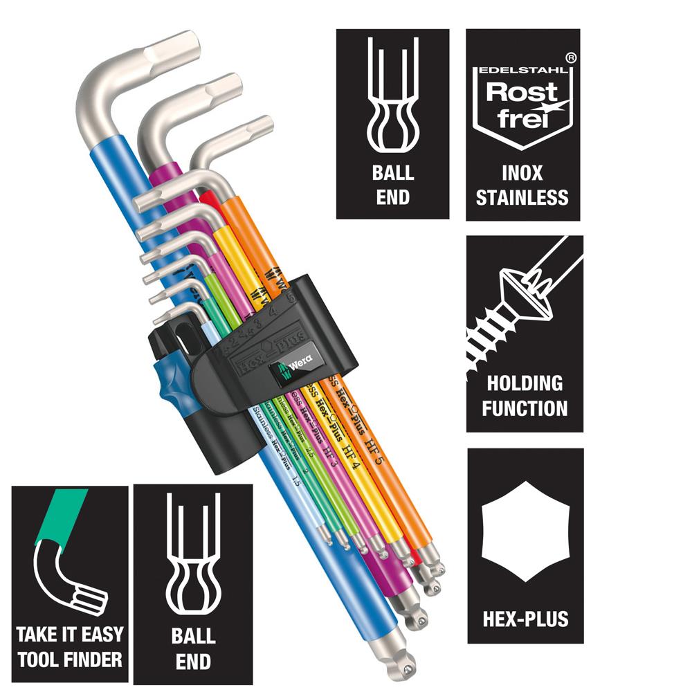 Wera Hex Plus Allen Keys Stainless Steel with Holding Function 9 Pieces 3950/9