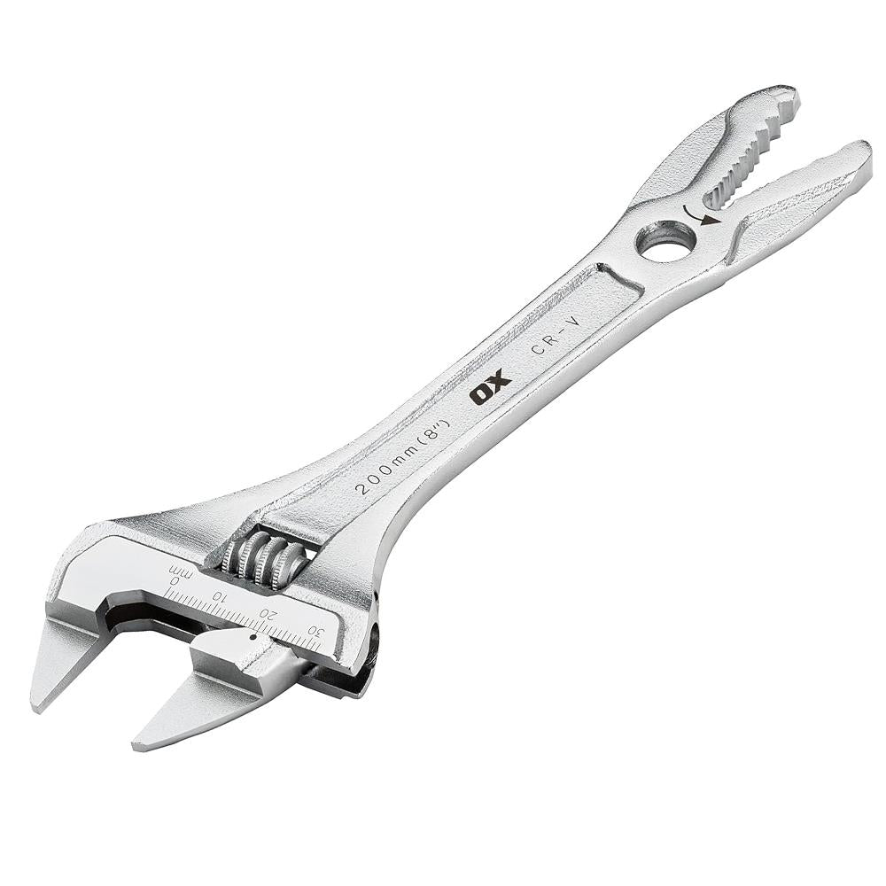 OX Pro Chrome Slim Jaw 200mm (8'') Adjustable Wrench - 32mm Wide Jaw Opening