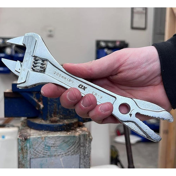 OX Pro Chrome Slim Jaw 200mm (8'') Adjustable Wrench - 32mm Wide Jaw Opening