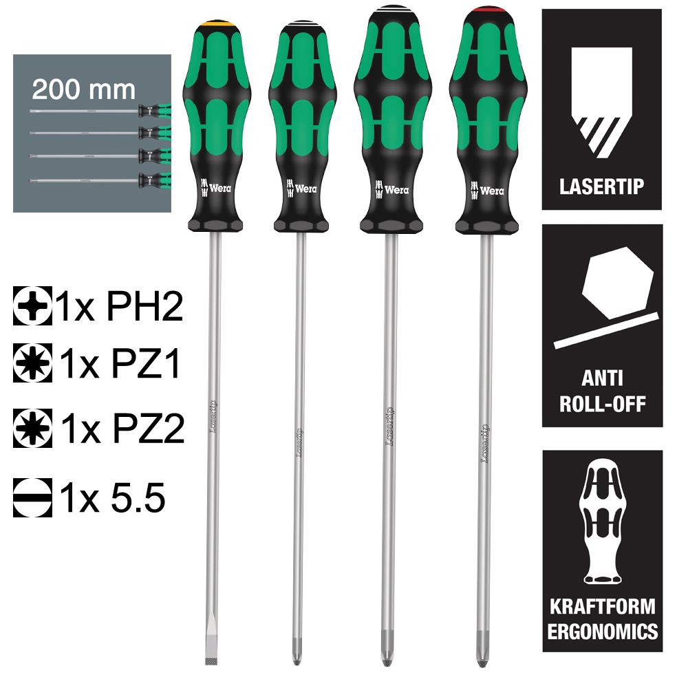 Wera 4 pack LaserTip Long Reach Screwdrivers