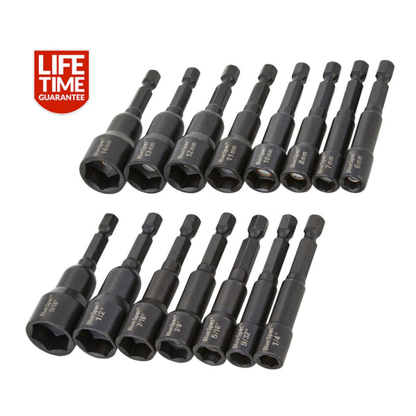 Blue Spot 15pcs 1/4'' Hex Shank Magnetic Impact Nut Driver Set Metric & Imperial