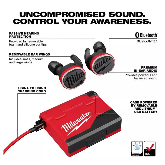Milwaukee Job Site Earplugs Buds With Bluetooth - L4RLEPB - Rechargeable