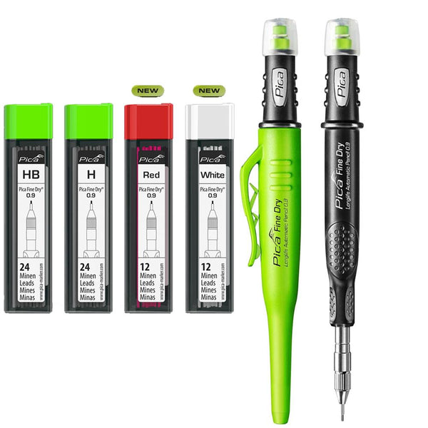 Pica Fine Dry Precise 0.9mm Automatic Pencil + Graphite H, HB, Red & White Refills
