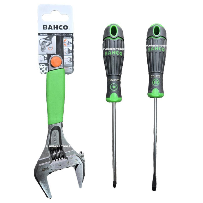 Bahco Limited Edition 9029 Phosphate Green ERGO Adjustable Wrench 6'' (170mm) Wide Jaw Opening to 32mm + 2 Screwdrivers