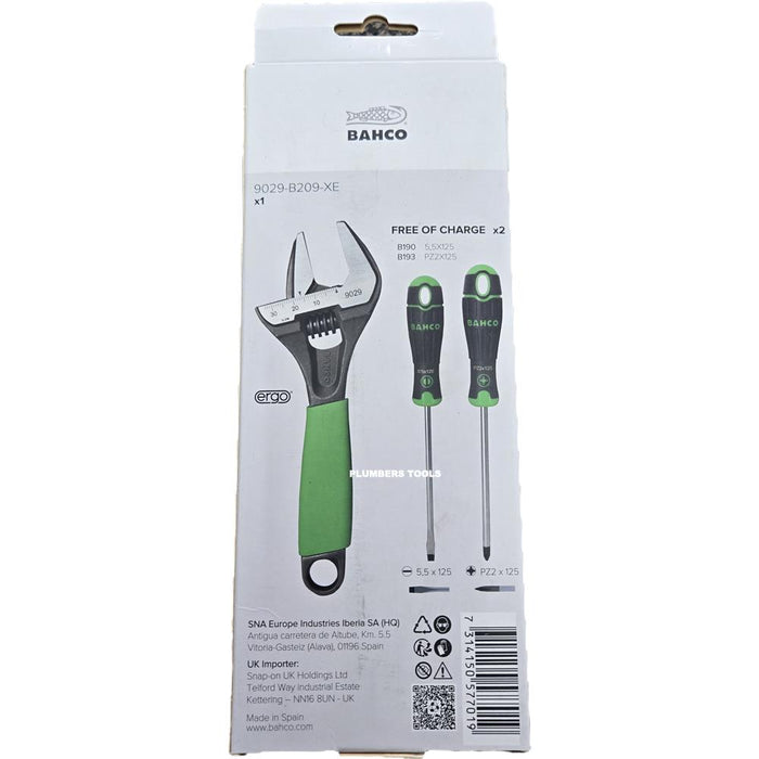 Bahco Limited Edition 9029 Phosphate Green ERGO Adjustable Wrench 6'' (170mm) Wide Jaw Opening to 32mm + 2 Screwdrivers
