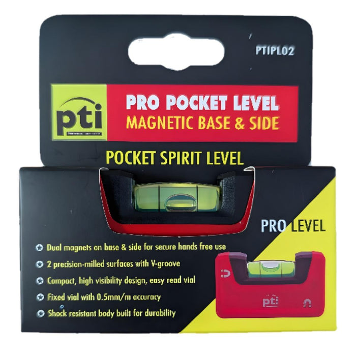 PTI Pro Pocket Mini 6.5cm Spirit Level Magnetic Base & Side with Belt Clip