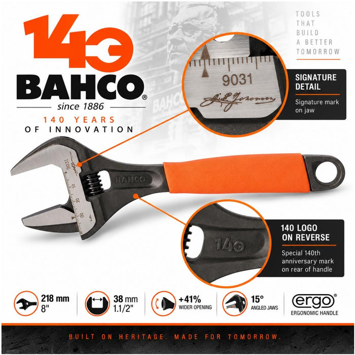 Bahco 140 Year Anniversary Limited Edition Orange 8'' (200mm) Wide Jaw Adjustable Wrench 38mm Opening