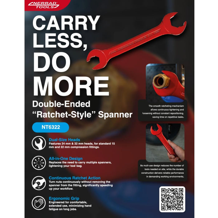 Nerrad NT6322 Ratchet Style Fixed Double Ended Compression Nut Spanner 24mm x 32mm For Standard 15 & 22mm Compression Fittings