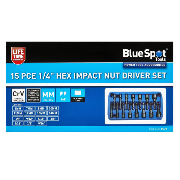 Blue Spot 15pcs 1/4'' Hex Shank Magnetic Impact Nut Driver Set Metric & Imperial