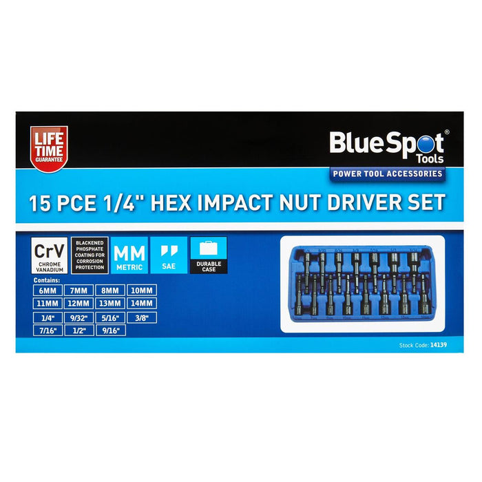 Blue Spot 15pcs 1/4'' Hex Shank Magnetic Impact Nut Driver Set Metric & Imperial